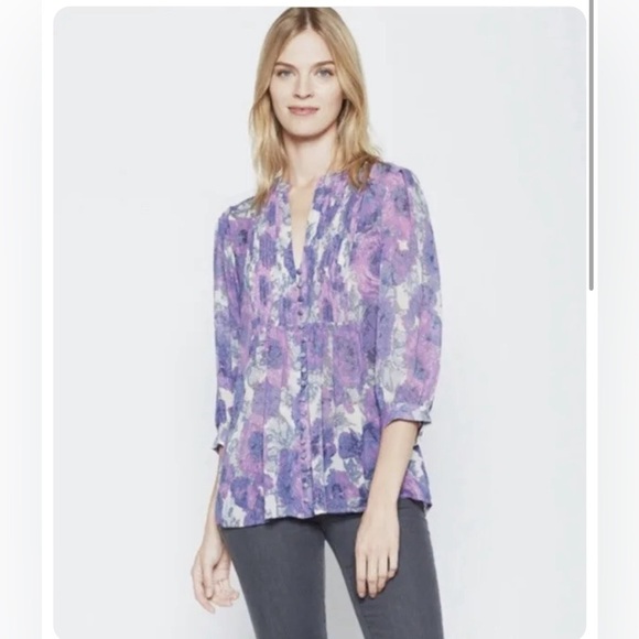 Joie purple floral 100% silk 3/4 sleeve button front top blouse size XS - Picture 2 of 13